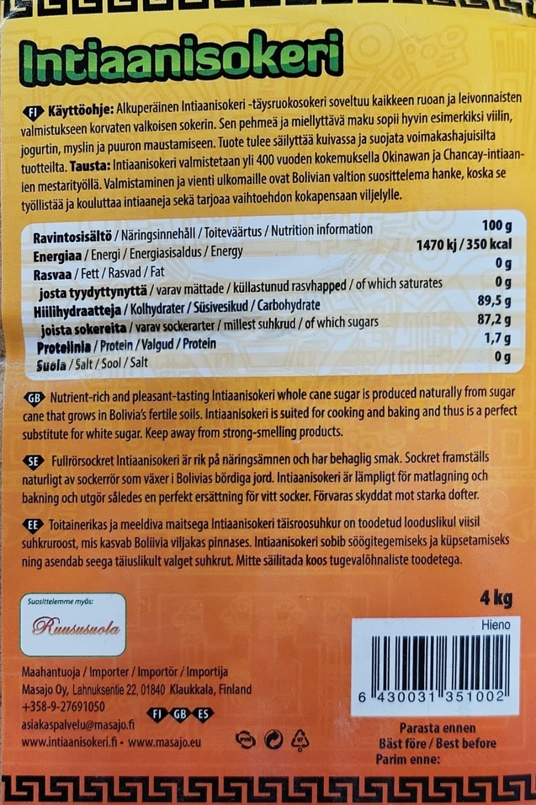 Intiaanisokeri hieno 4 kg (Loppu - varauksia otetaan pian vastaan uudesta erästä)